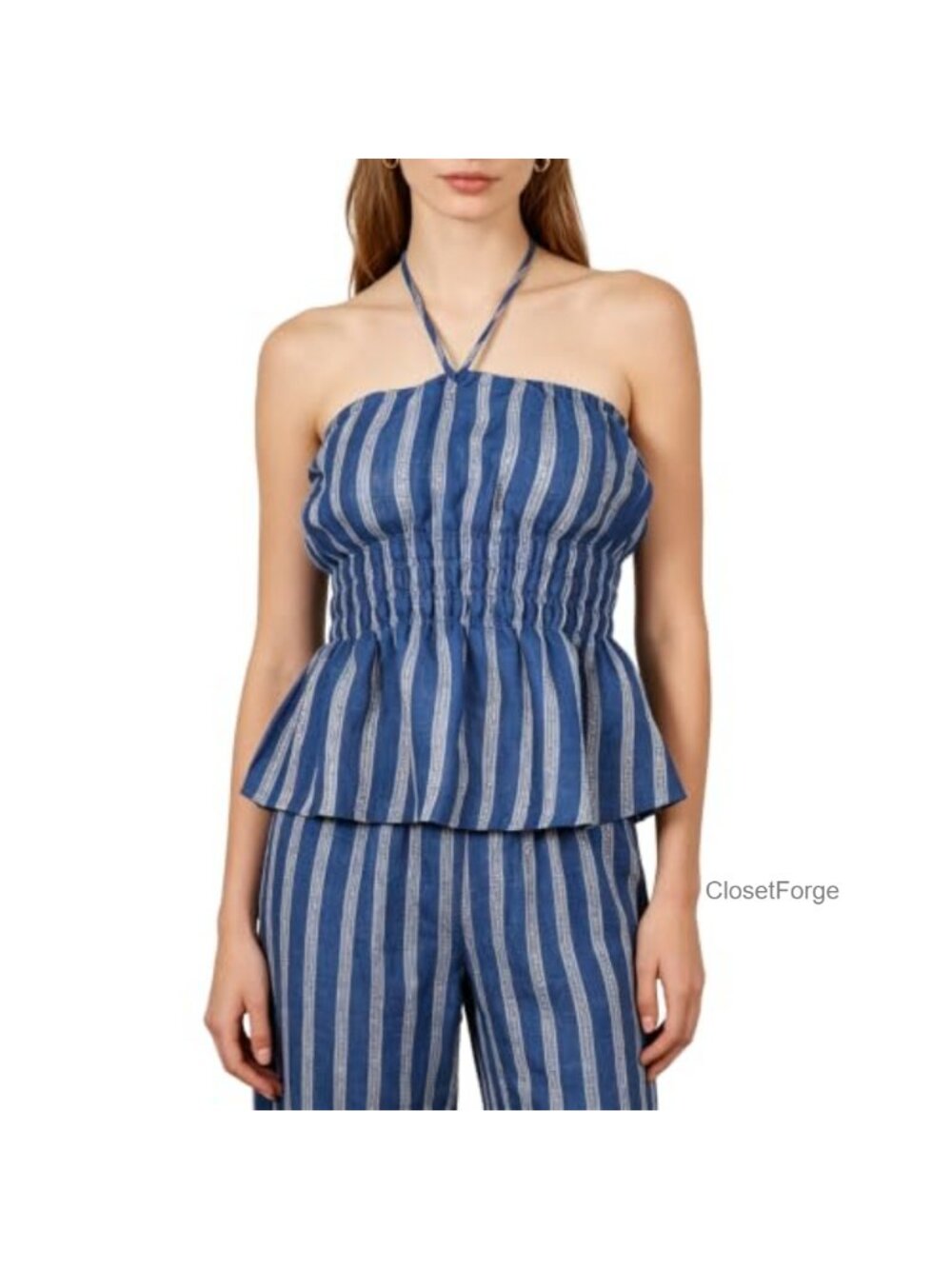 Women's 100% Linen Halter Tie Top Backless Peplum Smocked Sleeveless